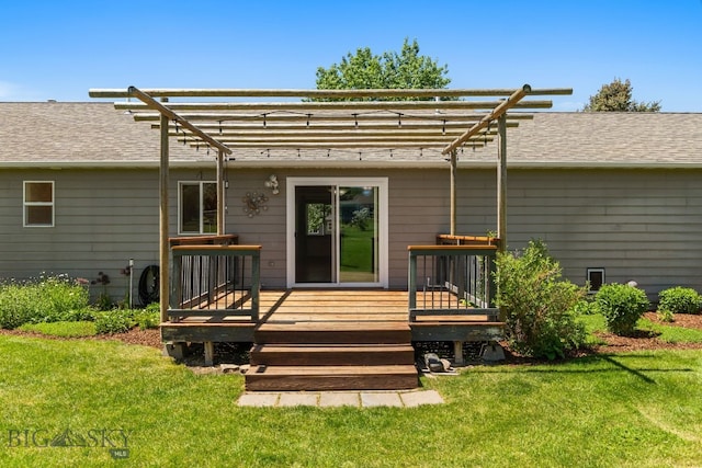 370 Prospector, Bozeman, MT 59718 - rear view of house featuring a pergola, a deck, a yard, and a shingled roof