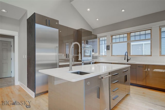 113 Nash Creek Ln, Bozeman, MT 59715 - kitchen featuring a sink, light countertops, an island with sink, vaulted ceiling, and light wood-type flooring