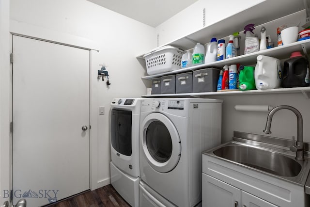 1165 Stewart Loop, Bozeman, MT 59718 - laundry room with washer and dryer, dark wood-style floors, and cabinet space
