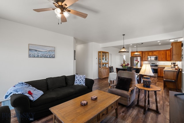 1165 Stewart Loop, Bozeman, MT 59718 - living room with dark wood finished floors, a ceiling fan, recessed lighting, and baseboards
