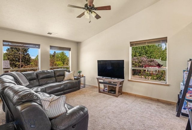 205 Water St, Sheridan, MT 59749 - living area with carpet floors, ceiling fan, and high vaulted ceiling