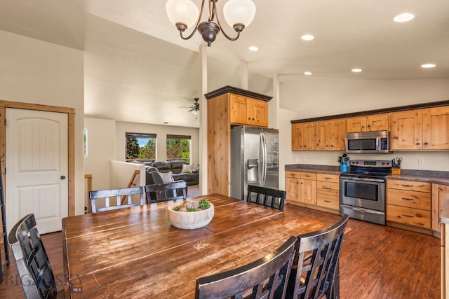 205 Water St, Sheridan, MT 59749 - dining space featuring lofted ceiling, dark wood-type flooring, a chandelier, and recessed lighting