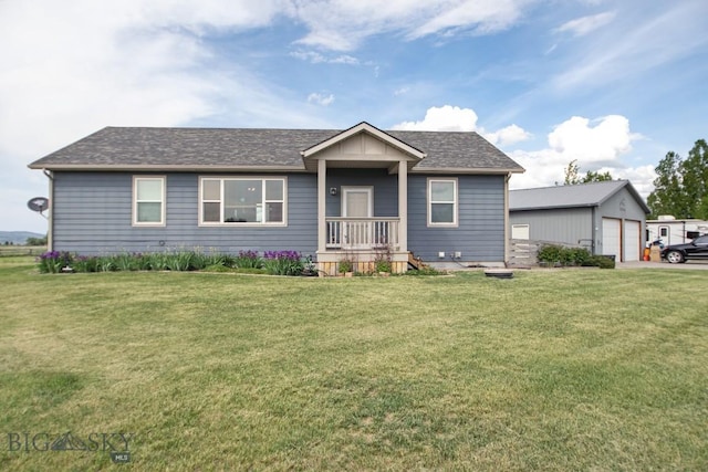 191 Barnes Dr, Belgrade, MT 59714 - ranch-style house with a front yard, an outdoor structure, a garage, and a shingled roof