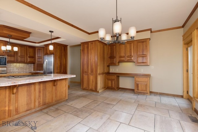 2421 Highland Blvd, Bozeman, MT 59715 - kitchen with a chandelier, appliances with stainless steel finishes, brown cabinets, tile counters, and crown molding