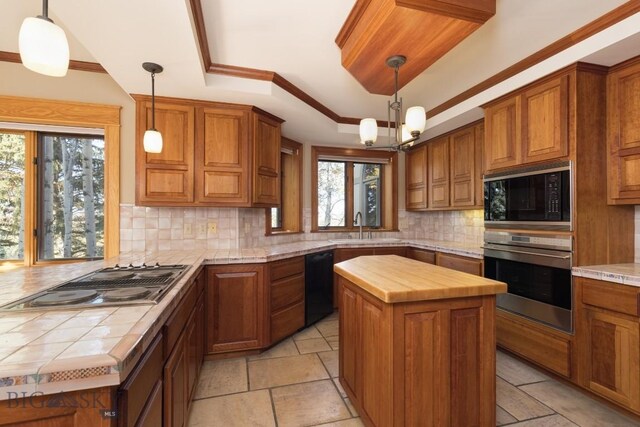 2421 Highland Blvd, Bozeman, MT 59715 - kitchen with healthy amount of natural light, black appliances, a sink, wood counters, and ornamental molding