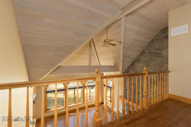 2421 Highland Blvd, Bozeman, MT 59715 - staircase featuring a ceiling fan, wood ceiling, wood finished floors, and baseboards
