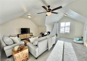 17 Durango Trl, Three Forks, MT 59752 - home theater room featuring vaulted ceiling, carpet flooring, and ceiling fan