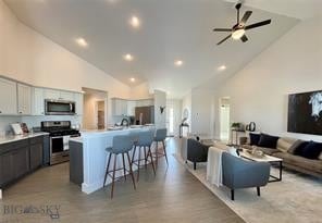 17 Durango Trl, Three Forks, MT 59752 - kitchen featuring appliances with stainless steel finishes, open floor plan, a breakfast bar area, high vaulted ceiling, and light countertops