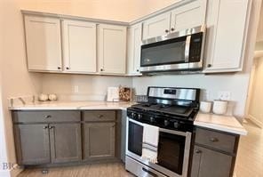 17 Durango Trl, Three Forks, MT 59752 - kitchen featuring appliances with stainless steel finishes, gray cabinets, light countertops, and light wood finished floors