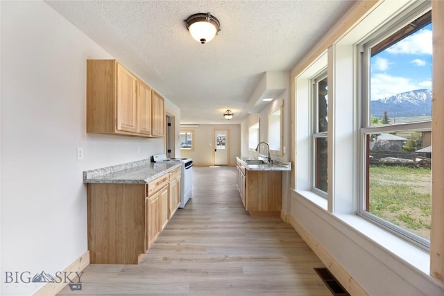 312 Water St, Gardiner, MT 59030 - kitchen featuring white range with electric stovetop, light brown cabinetry, a mountain view, a sink, and a textured ceiling