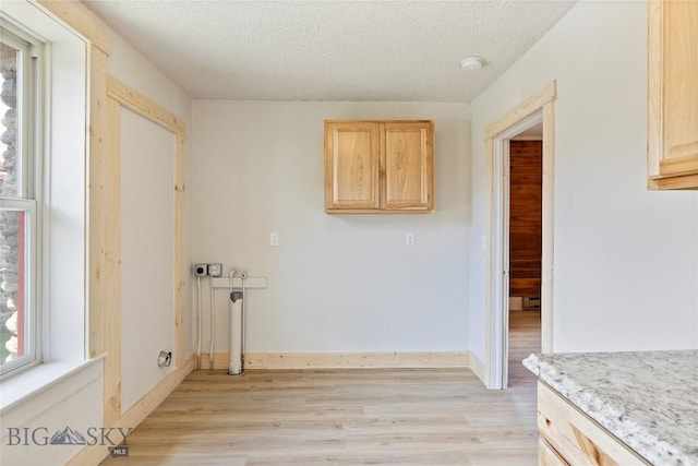 312 Water St, Gardiner, MT 59030 - washroom with light wood-type flooring, a textured ceiling, cabinet space, and baseboards