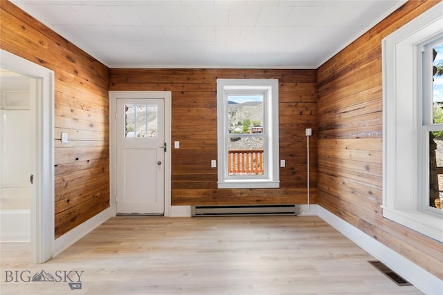 312 Water St, Gardiner, MT 59030 - foyer with a baseboard heating unit, wooden walls, and light wood finished floors