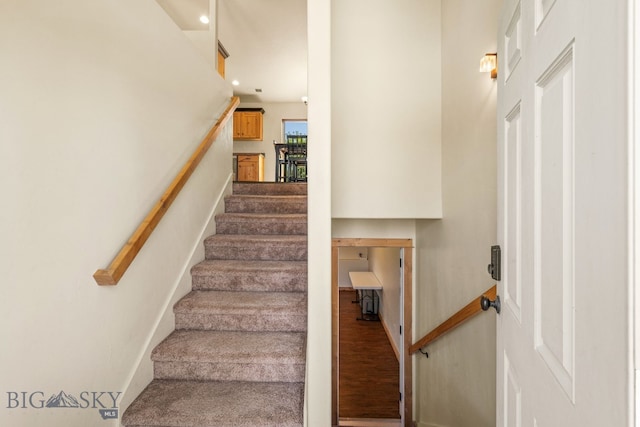 205 Water St, Sheridan, MT 59749 - staircase featuring baseboards, recessed lighting, and wood finished floors