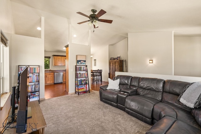 205 Water St, Sheridan, MT 59749 - living room featuring ceiling fan, carpet floors, and lofted ceiling