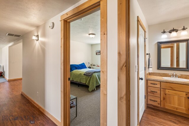 205 Water St, Sheridan, MT 59749 - hall with a sink, wood finished floors, a textured ceiling, and baseboards