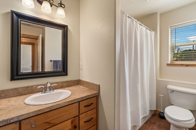 205 Water St, Sheridan, MT 59749 - bathroom featuring vanity, toilet, wood finished floors, and curtained shower