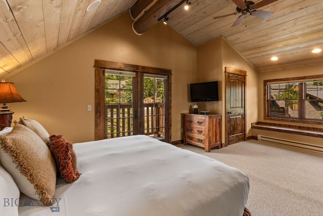 9 Manitou Loop Unit 45E, Big Sky, MT 59716 - bedroom featuring wood ceiling, lofted ceiling, carpet floors, baseboard heating, and access to exterior