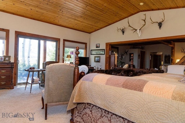 16 Wilson Rd, Livingston, MT 59047 - bedroom featuring wood ceiling, lofted ceiling, and light carpet
