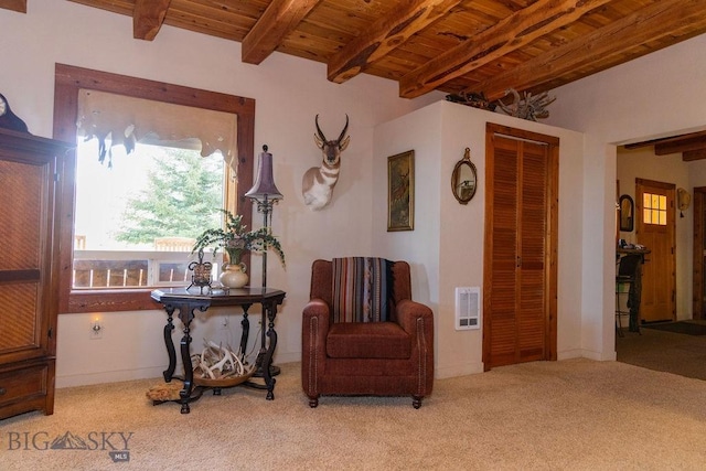 16 Wilson Rd, Livingston, MT 59047 - living area featuring wood ceiling with exposed beams and carpet flooring