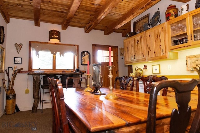 16 Wilson Rd, Livingston, MT 59047 - dining room featuring wooden ceiling with exposed beams and carpet floors