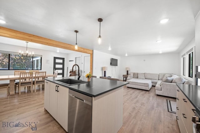 420 N 6th Ave, Bozeman, MT 59715 - kitchen featuring stainless steel dishwasher, a sink, dark countertops, and light wood-style flooring
