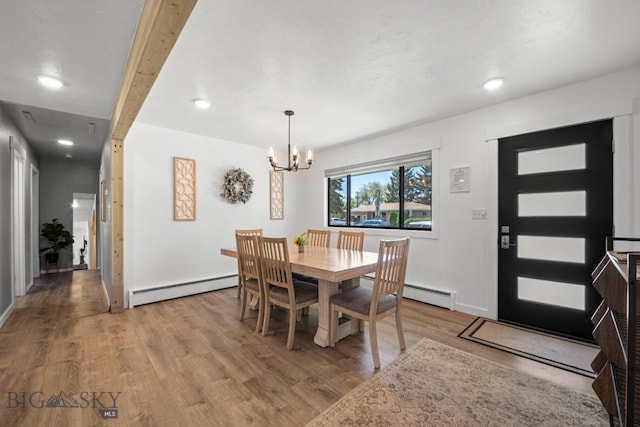 420 N 6th Ave, Bozeman, MT 59715 - dining room with a baseboard heating unit, light wood-type flooring, a chandelier, baseboards, and recessed lighting