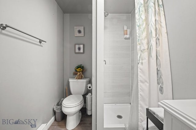420 N 6th Ave, Bozeman, MT 59715 - full bathroom featuring toilet, a shower stall, wood finished floors, and vanity