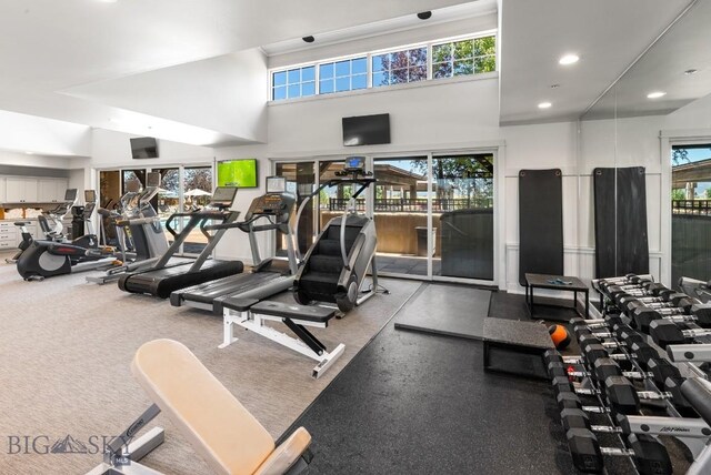 47 Wickwire, Bozeman, MT 59718 - gym featuring a towering ceiling and recessed lighting
