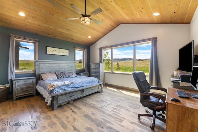 289 Montana Way, Ennis, MT 59729 - bedroom with lofted ceiling, wooden ceiling, multiple windows, a desk, and wood finished floors