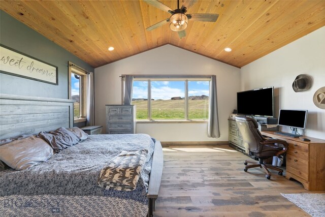 289 Montana Way, Ennis, MT 59729 - bedroom featuring vaulted ceiling, wood finished floors, wooden ceiling, recessed lighting, and a desk