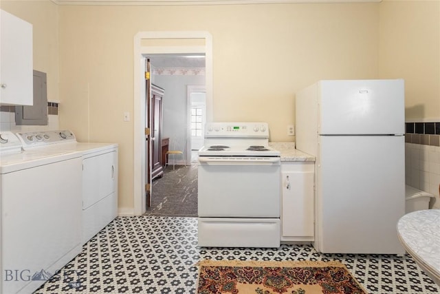 1116-1118 California St, Butte, MT 59701 - kitchen featuring white appliances, washing machine and clothes dryer, light countertops, electric panel, and white cabinetry