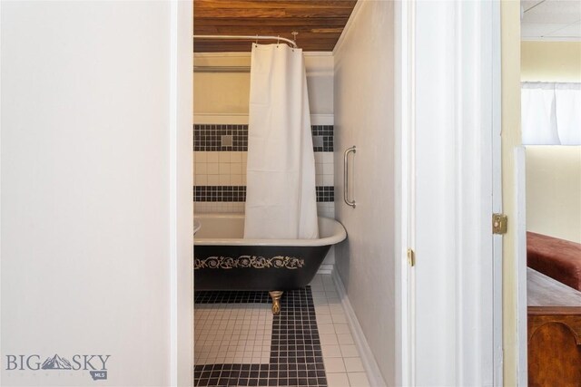 1116-1118 California St, Butte, MT 59701 - bathroom with tile patterned floors, baseboards, wooden ceiling, and shower / bathtub combination with curtain