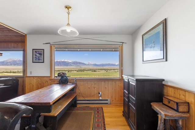 25 Trail Creek Rd, Ennis, MT 59729 - dining area featuring wood walls, a baseboard radiator, light wood-style flooring, wainscoting, and a mountain view