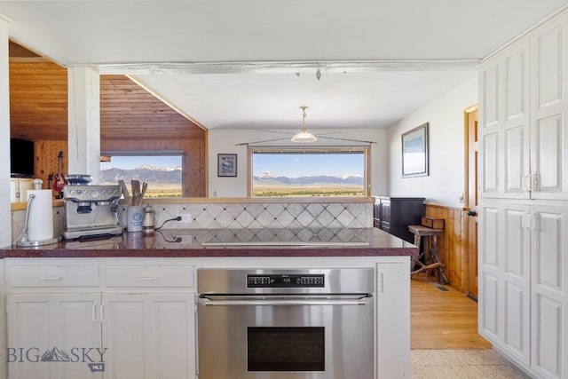 25 Trail Creek Rd, Ennis, MT 59729 - kitchen featuring oven, black electric stovetop, a wainscoted wall, white cabinets, and dark countertops