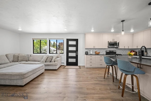 420 N 6th Ave, Bozeman, MT 59715 - living area featuring light wood-style flooring, a baseboard radiator, and recessed lighting
