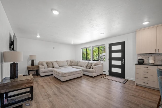 420 N 6th Ave, Bozeman, MT 59715 - living area featuring light wood-style flooring, a baseboard radiator, recessed lighting, and baseboards