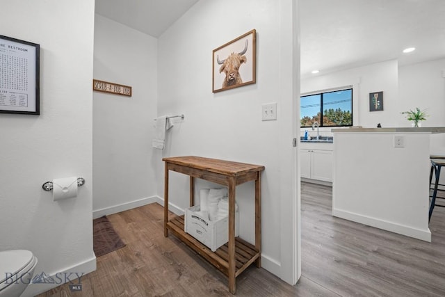 420 N 6th Ave, Bozeman, MT 59715 - hall featuring wood finished floors, baseboards, a sink, and recessed lighting