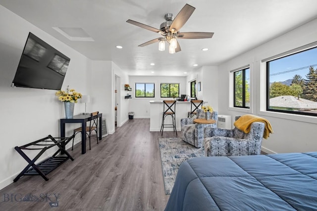 420 N 6th Ave, Bozeman, MT 59715 - bedroom featuring recessed lighting, baseboards, dark wood finished floors, and a ceiling fan