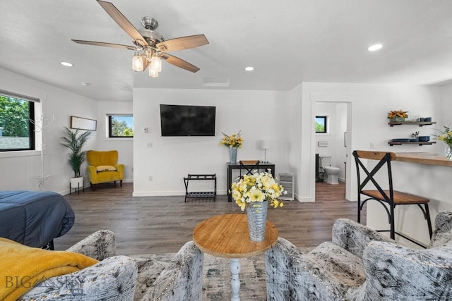 420 N 6th Ave, Bozeman, MT 59715 - living room with wood finished floors, a ceiling fan, recessed lighting, and baseboards
