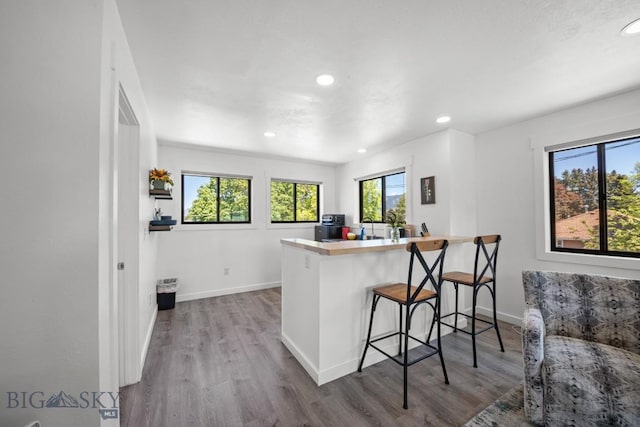 420 N 6th Ave, Bozeman, MT 59715 - kitchen featuring baseboards, wood finished floors, recessed lighting, and a breakfast bar