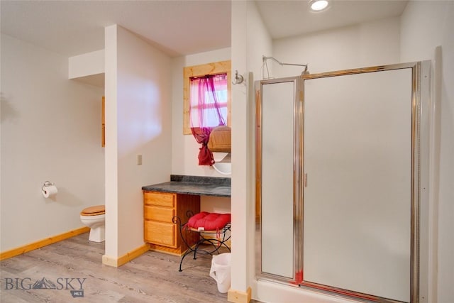 13 Coachman Ln, Mcallister, MT 59740 - bathroom with a shower stall, toilet, wood finished floors, baseboards, and recessed lighting