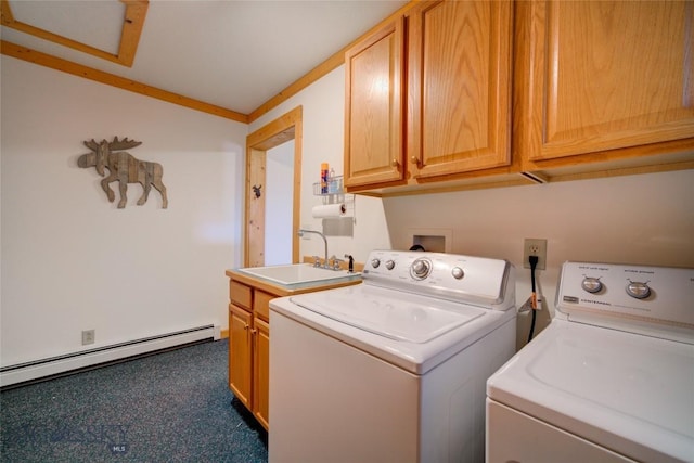 13 Coachman Ln, Mcallister, MT 59740 - washroom with cabinet space, separate washer and dryer, dark carpet, and baseboard heating