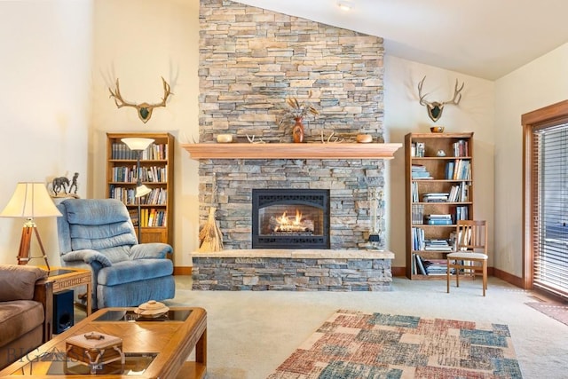 510 N 23rd, Bozeman, MT 59718 - carpeted living area with vaulted ceiling and a fireplace