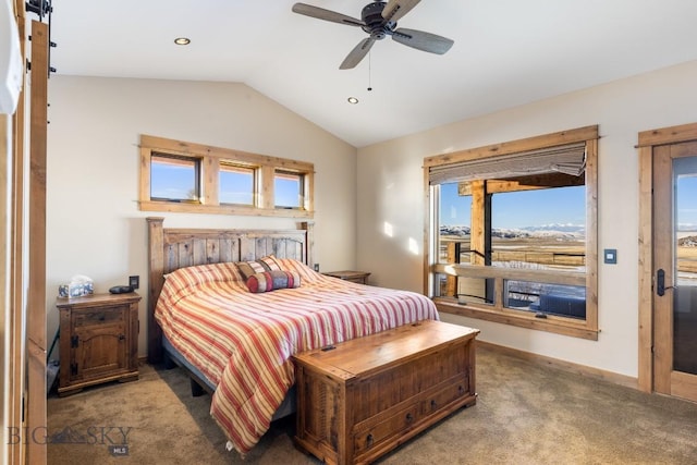 715 Bates Rd, Manhattan, MT 59741 - carpeted bedroom featuring vaulted ceiling, access to exterior, ceiling fan, and baseboards