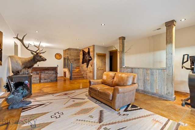 715 Bates Rd, Manhattan, MT 59741 - living area featuring stairs, recessed lighting, and ornate columns