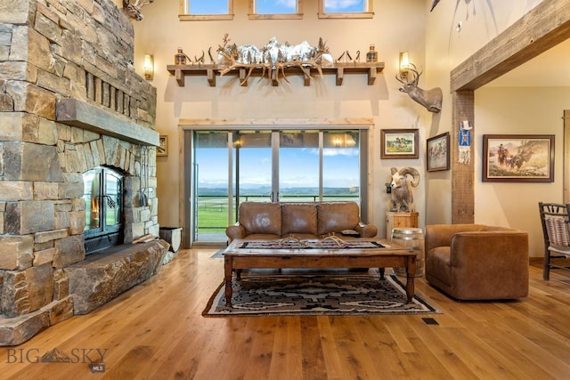 715 Bates Rd, Manhattan, MT 59741 - living area with a towering ceiling, hardwood / wood-style flooring, a fireplace, and healthy amount of natural light