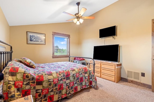 715 Bates Rd, Manhattan, MT 59741 - carpeted bedroom with vaulted ceiling, baseboards, and a ceiling fan