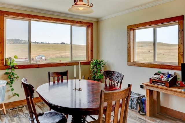 996 Forest Grove Rd, Lewistown, MT 59457 - dining area featuring healthy amount of natural light, wood finished floors, crown molding, and baseboards
