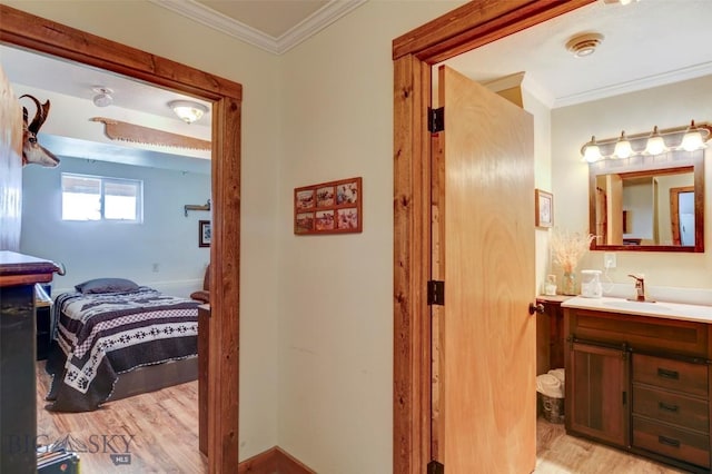 996 Forest Grove Rd, Lewistown, MT 59457 - bathroom featuring vanity, wood finished floors, crown molding, and baseboards