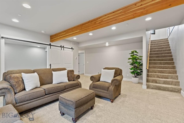 3483 Highline Rd, Manhattan, MT 59741 - living area featuring a barn door, recessed lighting, carpet, stairs, and beam ceiling